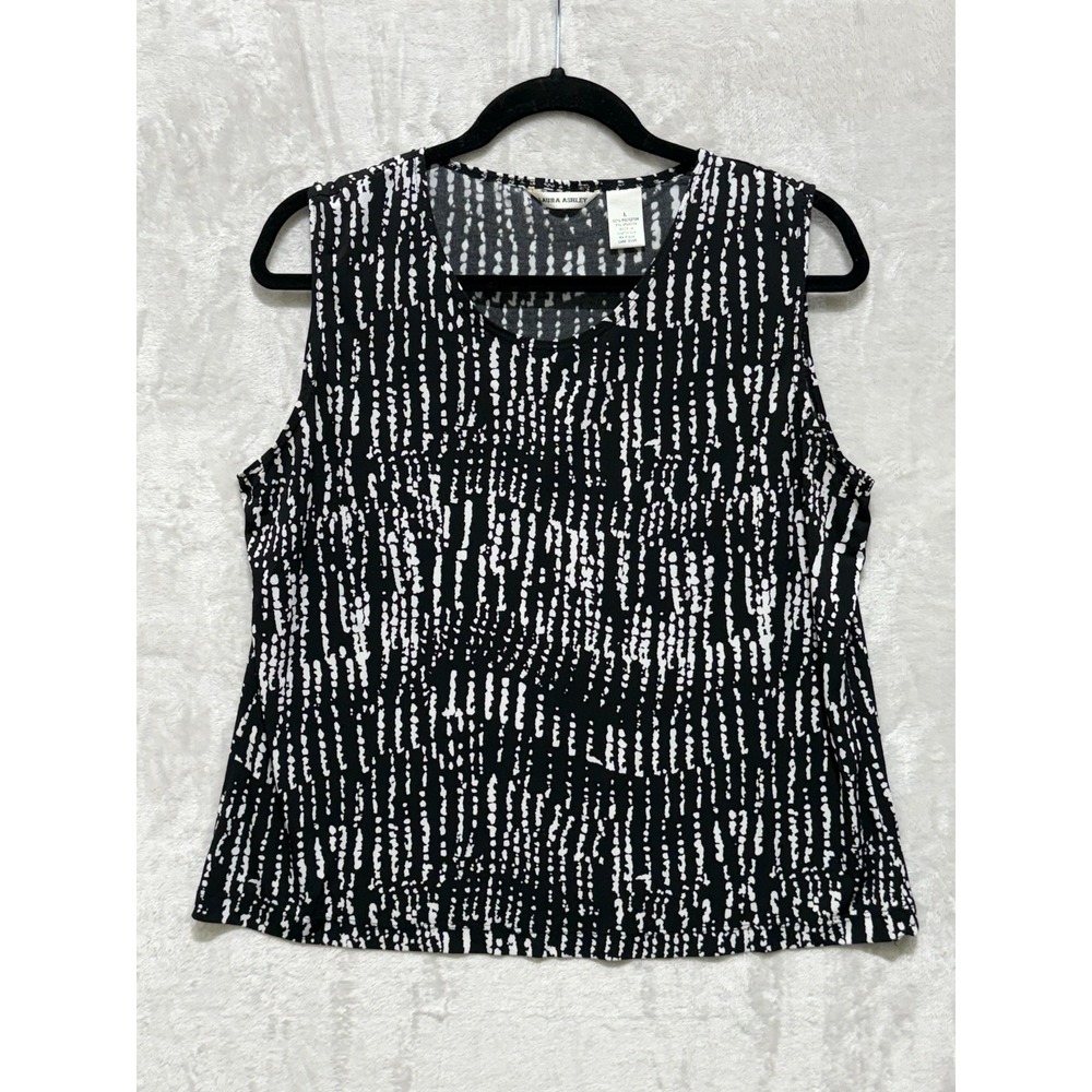 Laura Ashley Sleeveless Top Womens L Black White Vertical Stripe Career Casual